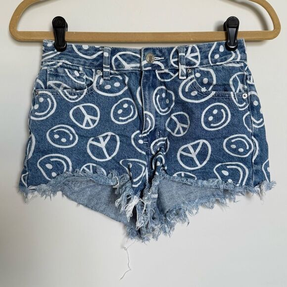 Pacsun Smiley Face Peace Signs High Waisted Festival Denim Shorts Size 25 - Picture 1 of 5